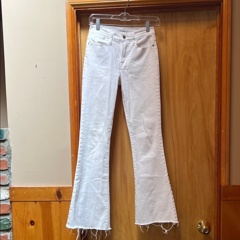 Frame Denim White Flare Jeans with Raw Hem